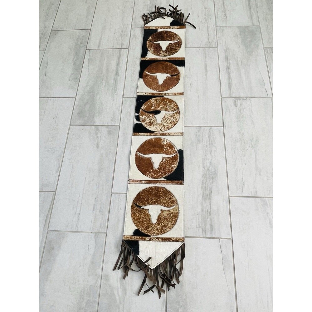 Dekoland Cowhide Leather Table Runner 66x11 Hair On Hide Patchwork Fringe Brazil